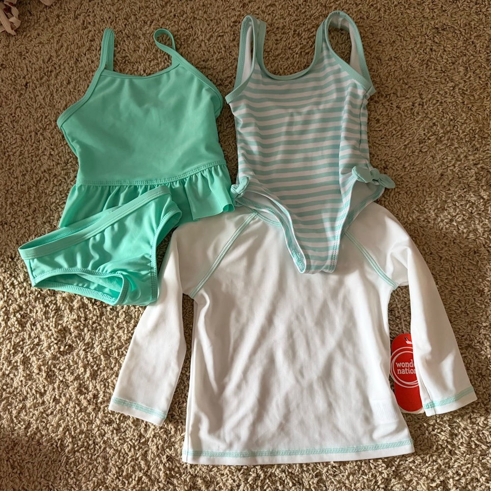 Wonder Nation Aqua and White Kids Swim Bikinis Set